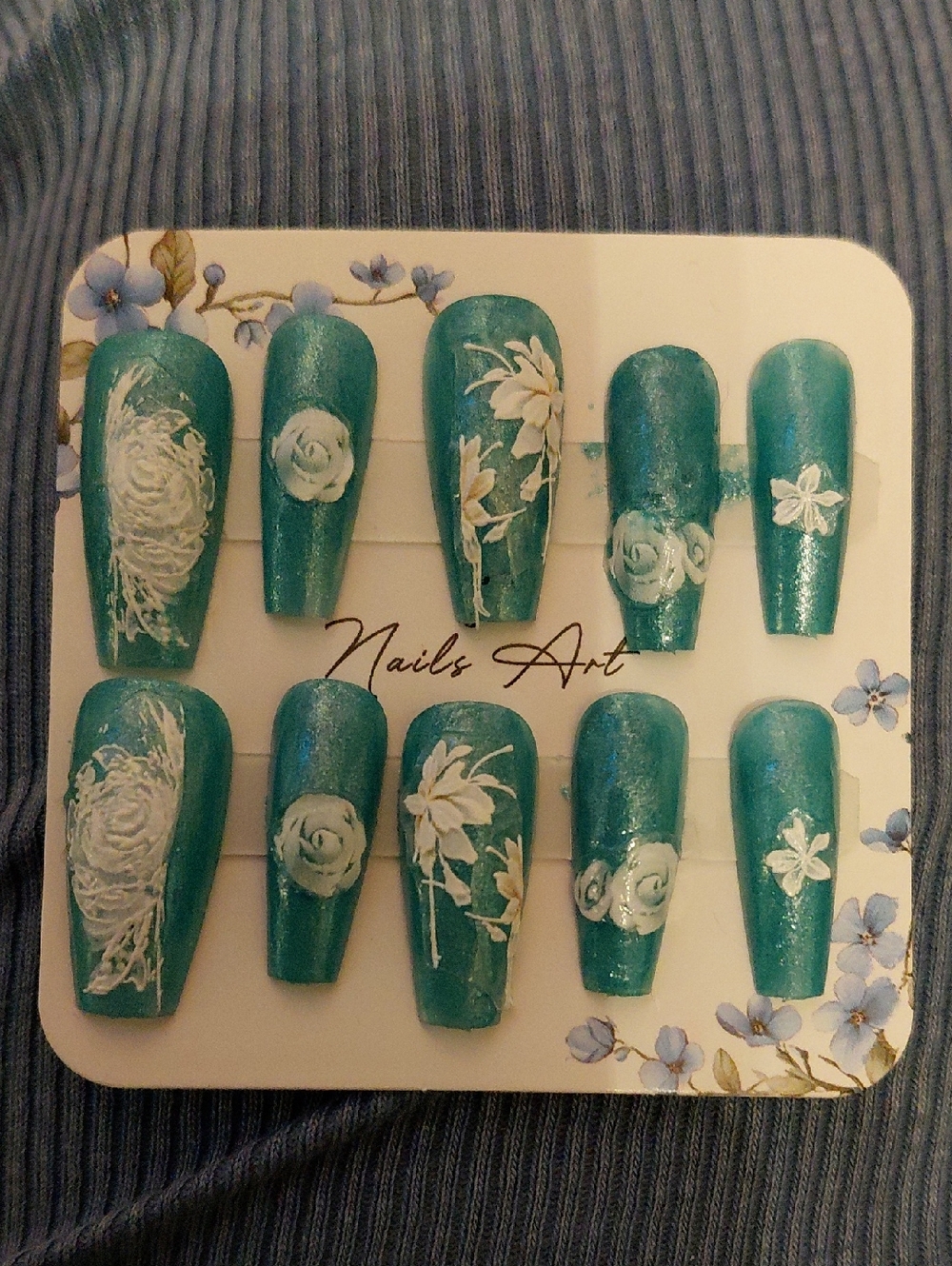 Teal Shimmer Press-On Nails with White Floral Art